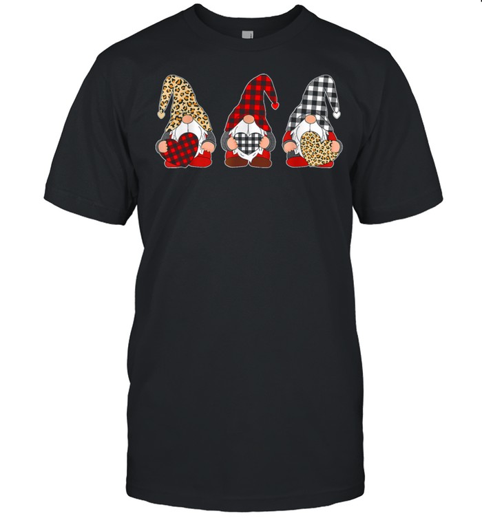 Three Gnomes Holding Leopard Heart  Plaid Valentines Day shirt