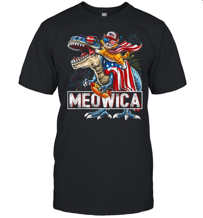 Cat Riding Dinosaur Meowica American Flag Independence Day 4th Of July shirt