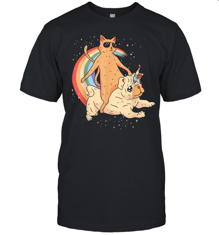 Cat in Sunglasses Rides on Unicorn Pug Shirt