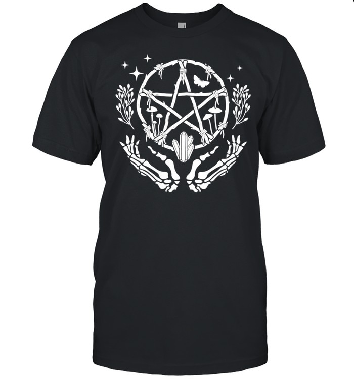 Womens Wiccan Pentacle Wreath With Skeleton Hands And Crystals shirt