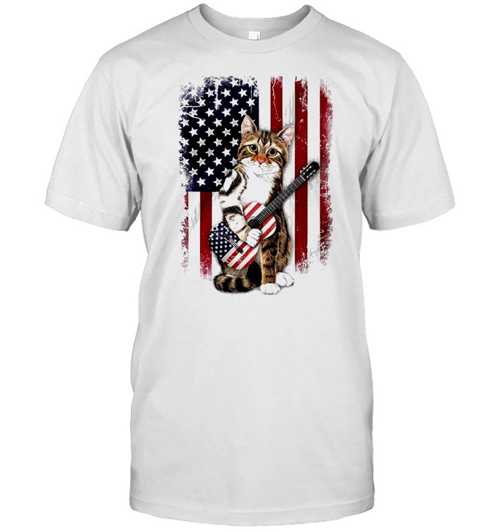 Cat hug guitar american flag shirt