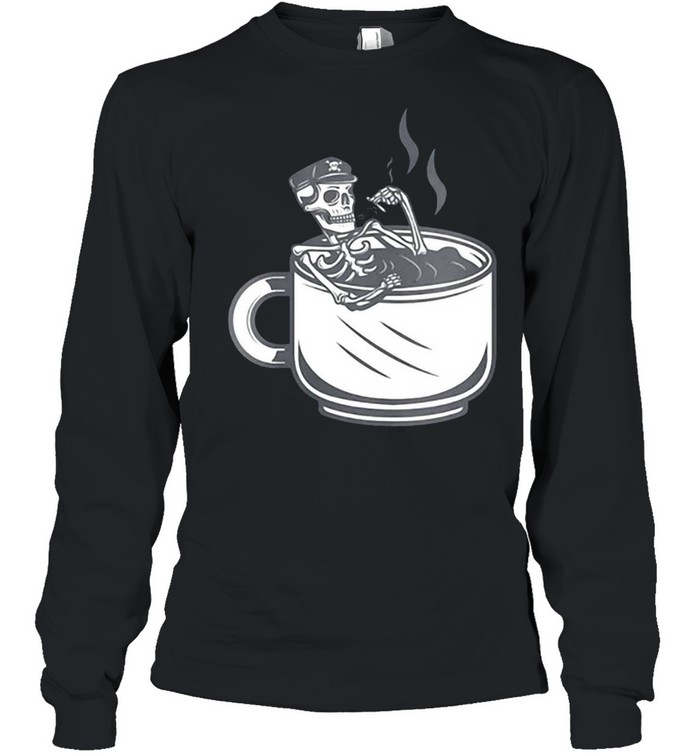 Halloween Skeleton Coffee Cup Vintage Retro Biker T-shirt Long Sleeved T-shirt