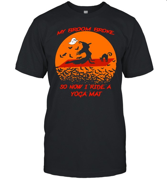 Witch And Black Cat My Broom Broke So Now I Rate A Yoga Mat Halloween T-shirt Classic Men's T-shirt