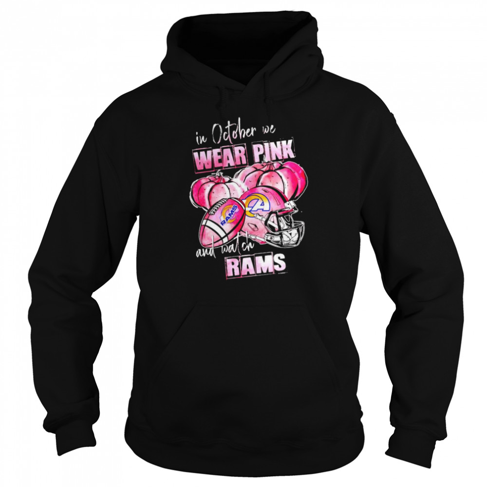 In october we wear pink and watch Rams Breast Cancer Halloween shirt Unisex Hoodie