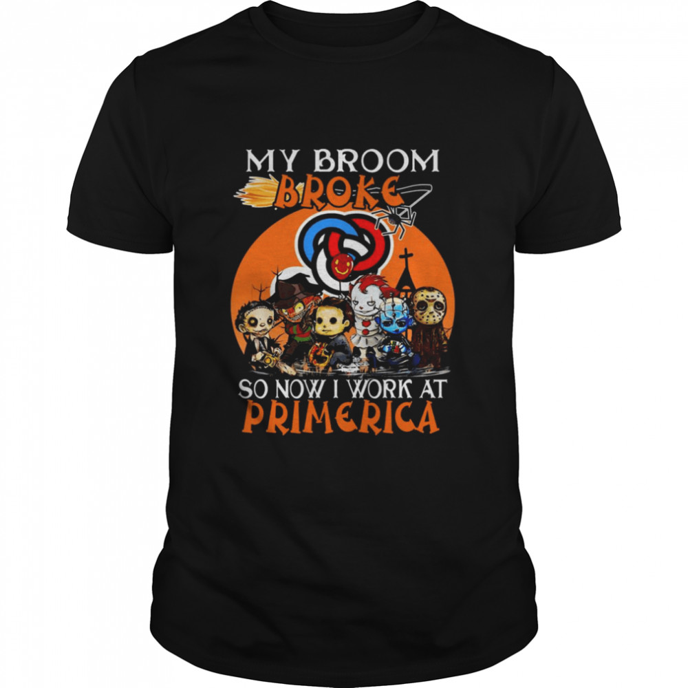 Chibi Horror characters my broom broke so now I work at Primerica Halloween shirt Classic Men's T-shirt