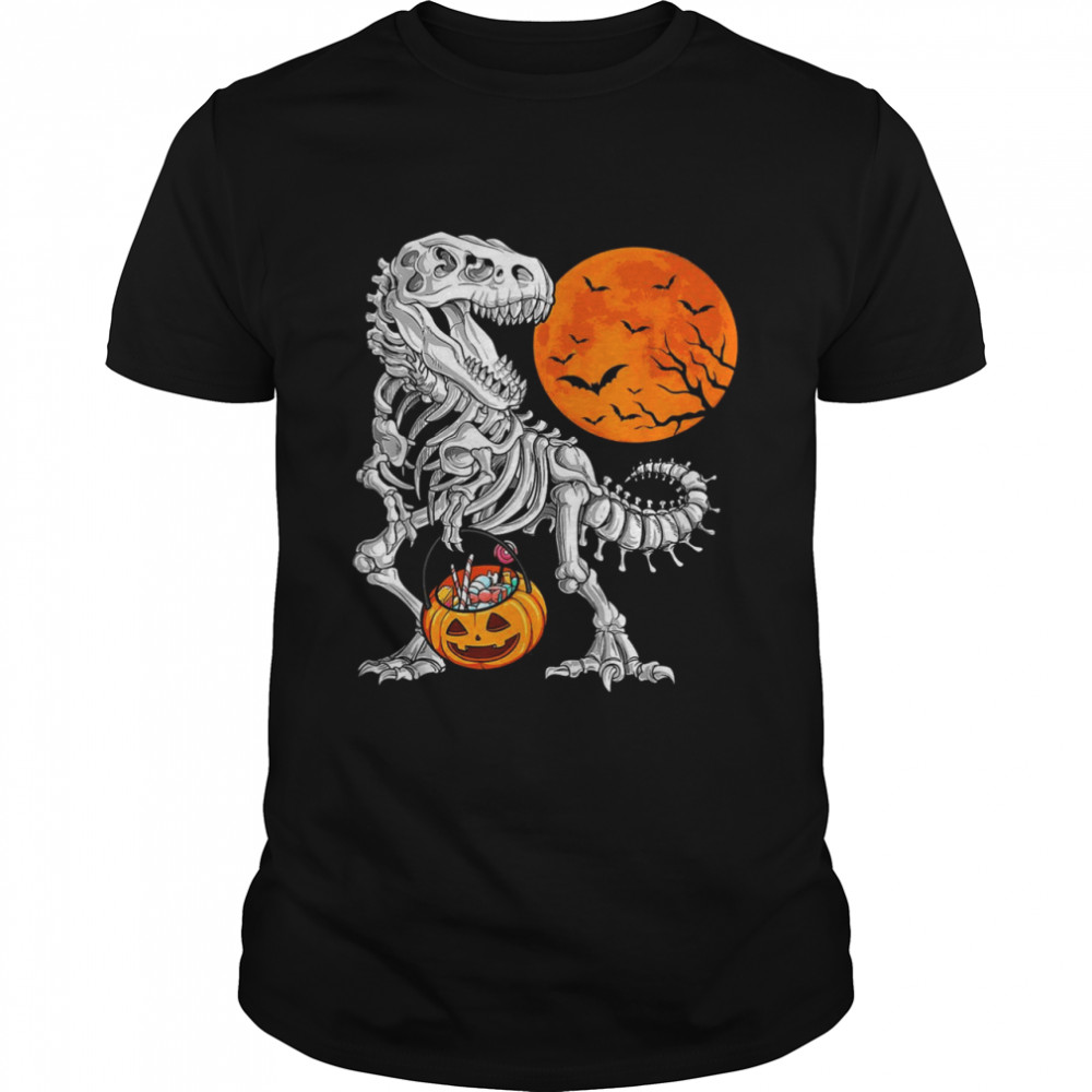 Halloween Boys Dinosaur Skeleton T rex Scary Pumpkin Moon Shirt