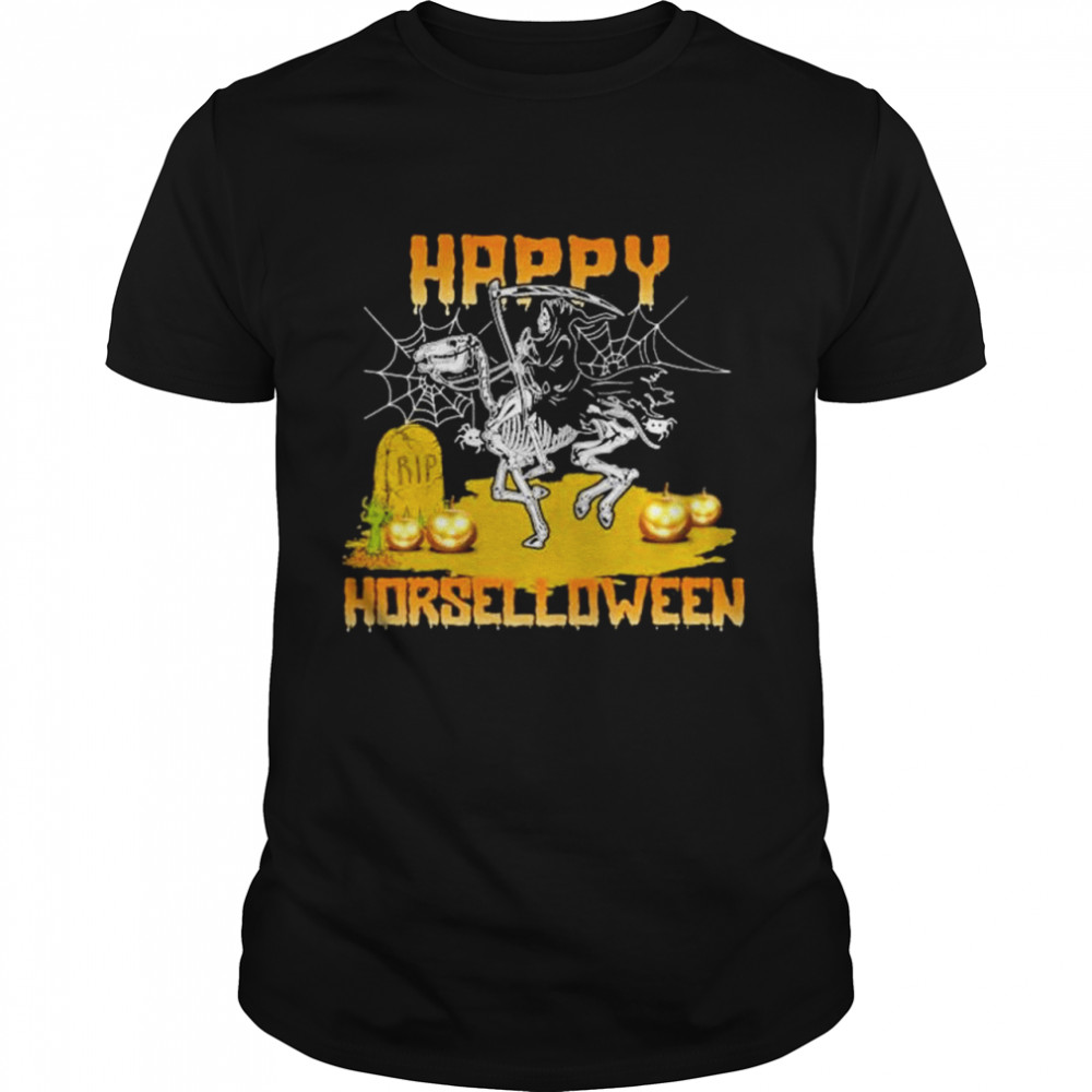 Grim Reaper Riding Dinosaur Skeleton Happy Horselloween Halloween  Classic Men's T-shirt