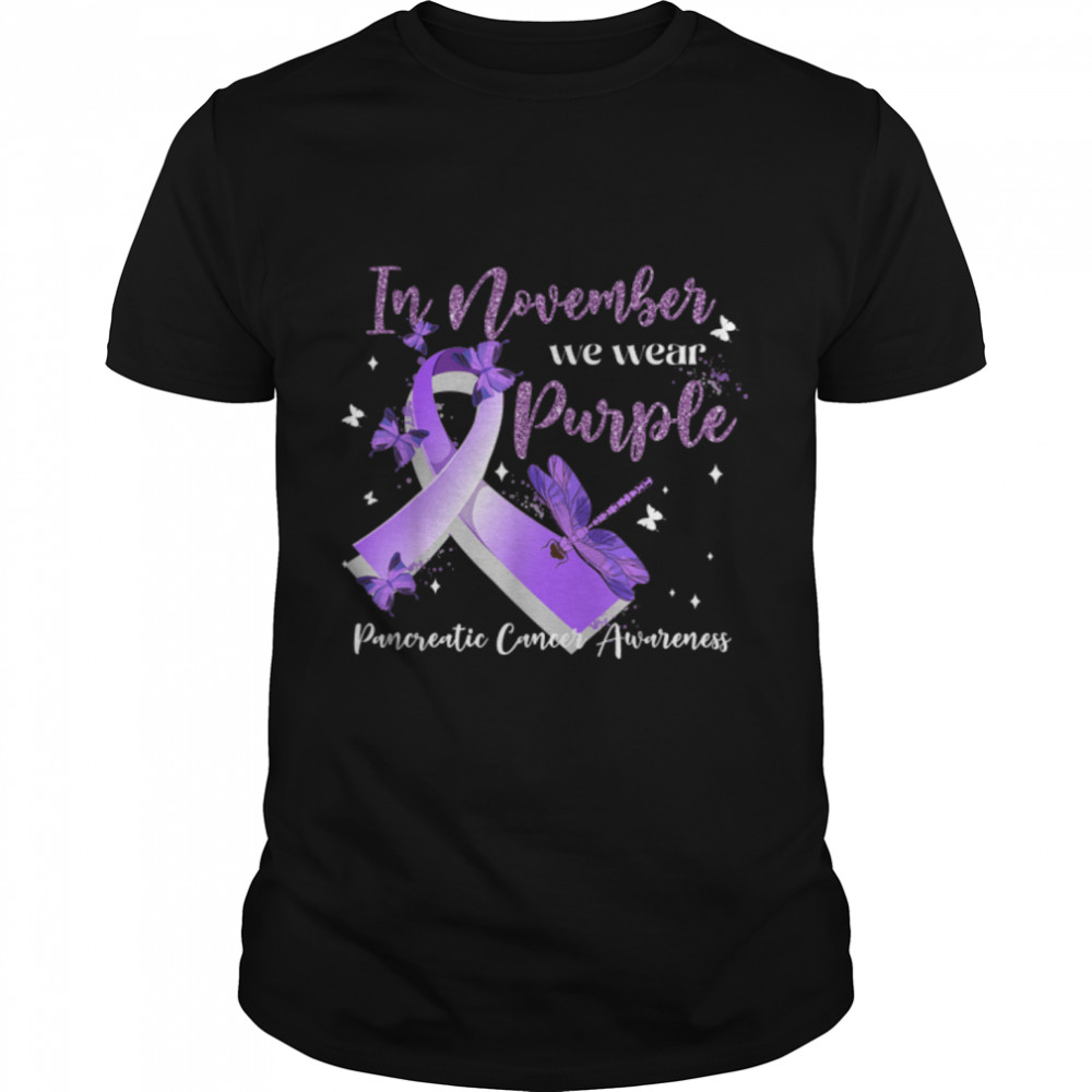 In November We Wear Purple Dragonfly Pancreatic Cancer T- B09JZQT8GG Classic Men's T-shirt