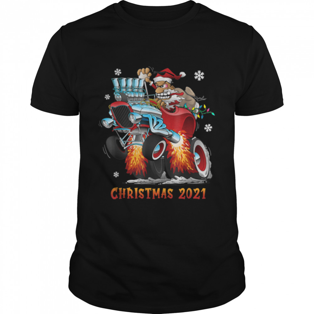 Funny Hot Rod Santa Claus Christmas Holiday Car Cartoon T-Shirt B09JYRDLMQ