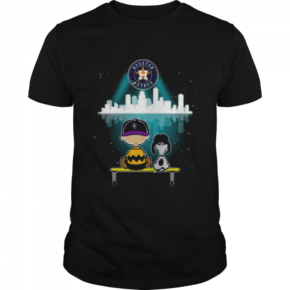MLB NLCS 2021 The Peanuts Characters Snoopy And Charlie Browns Watching City Houston Astros  Classic Men's T-shirt