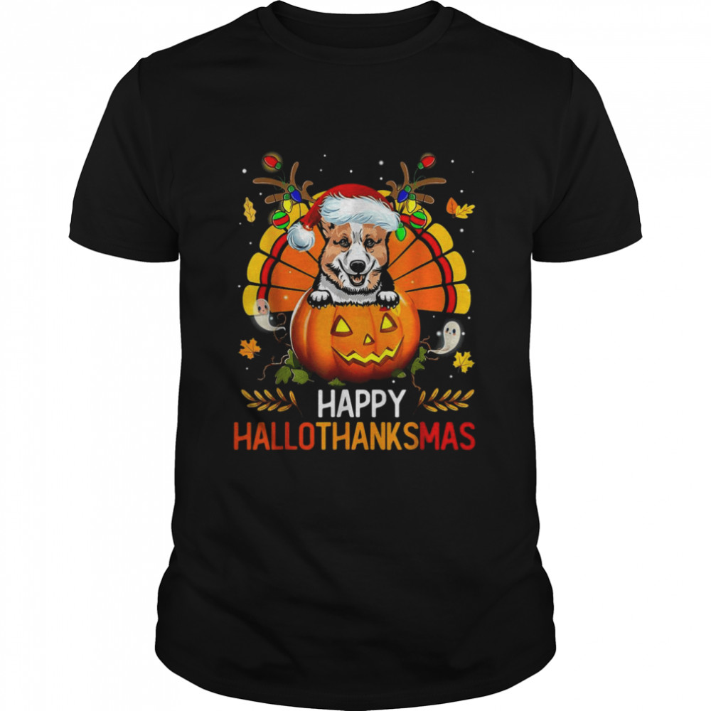 Welsh Corgi Happy Hallothanksmas Halloween Thanksgiving  Classic Men's T-shirt