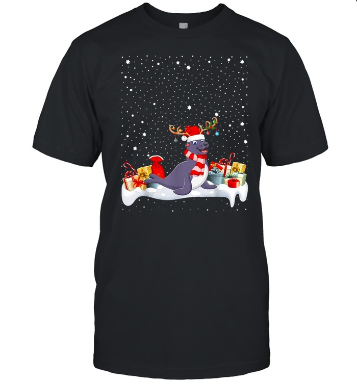 Xmas Lighting Reindeer Santa Hat Seal Christmas T-shirt