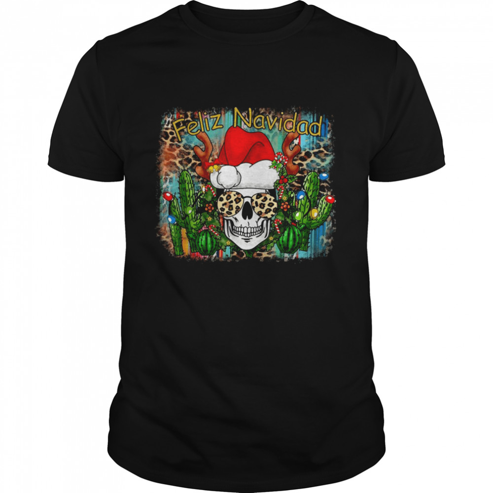 Feliz Navidad Merry Christmas Cactus Spanish Skull Leopard Shirt