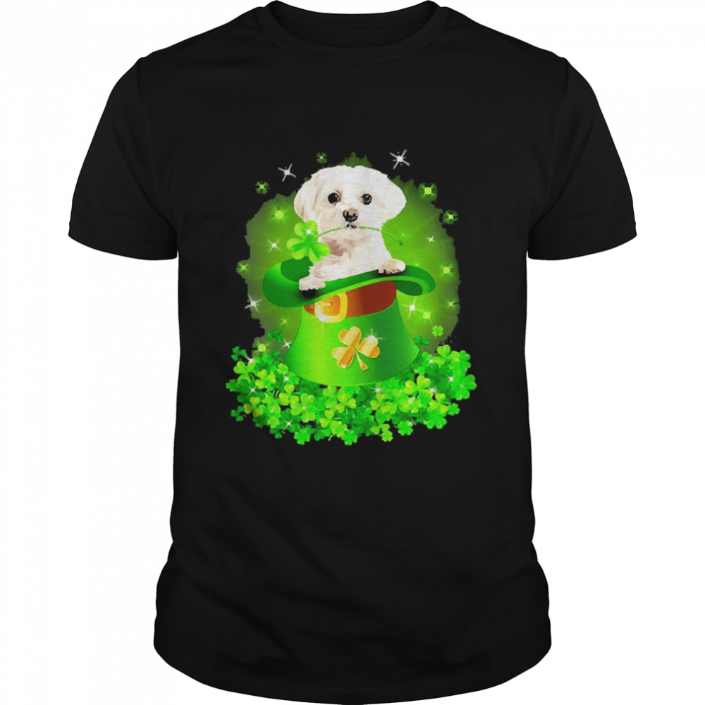 St. Patricks Day Shamrock Lucky Hat White Maltese Dogs  Classic Men's T-shirt