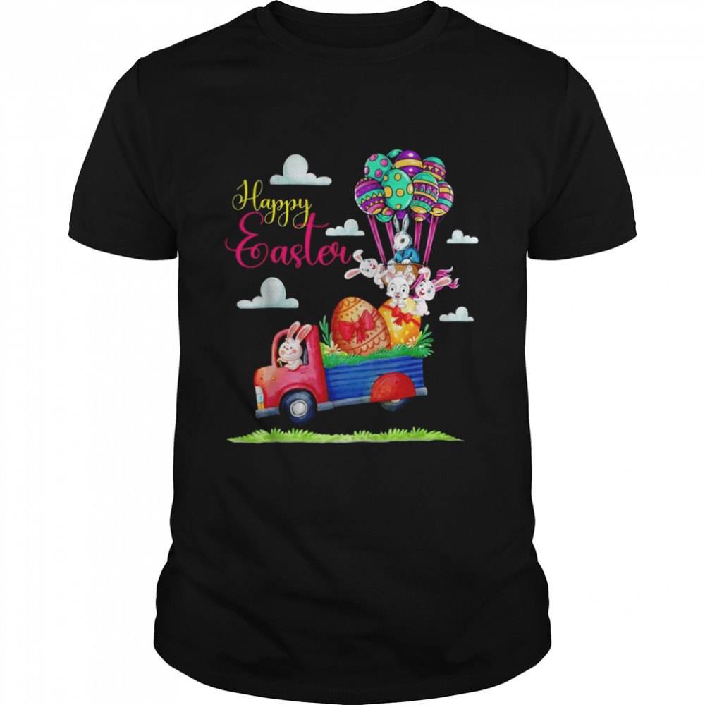 Happy Easter Day Bunny Riding Car Eggs Balloons Shirt