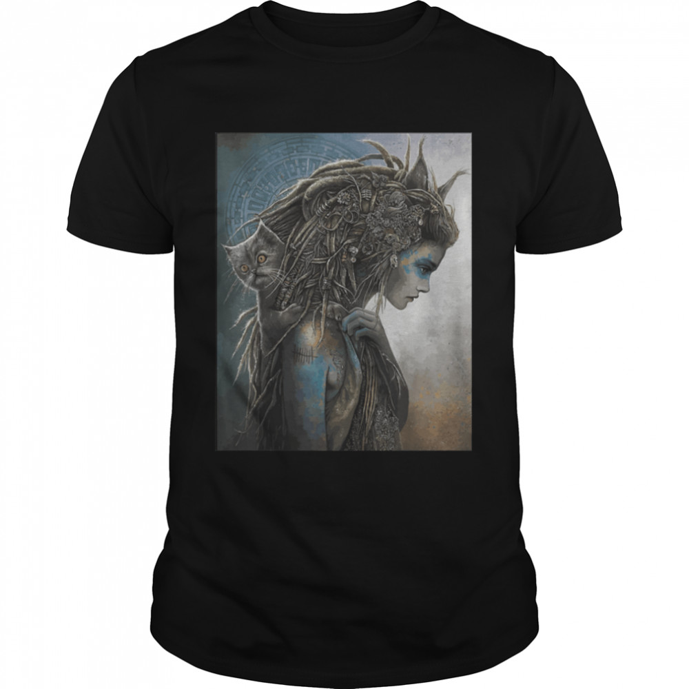 Gothic native Nordic with runes and cat on shoulder T- B0B1JHTJLB Classic Men's T-shirt