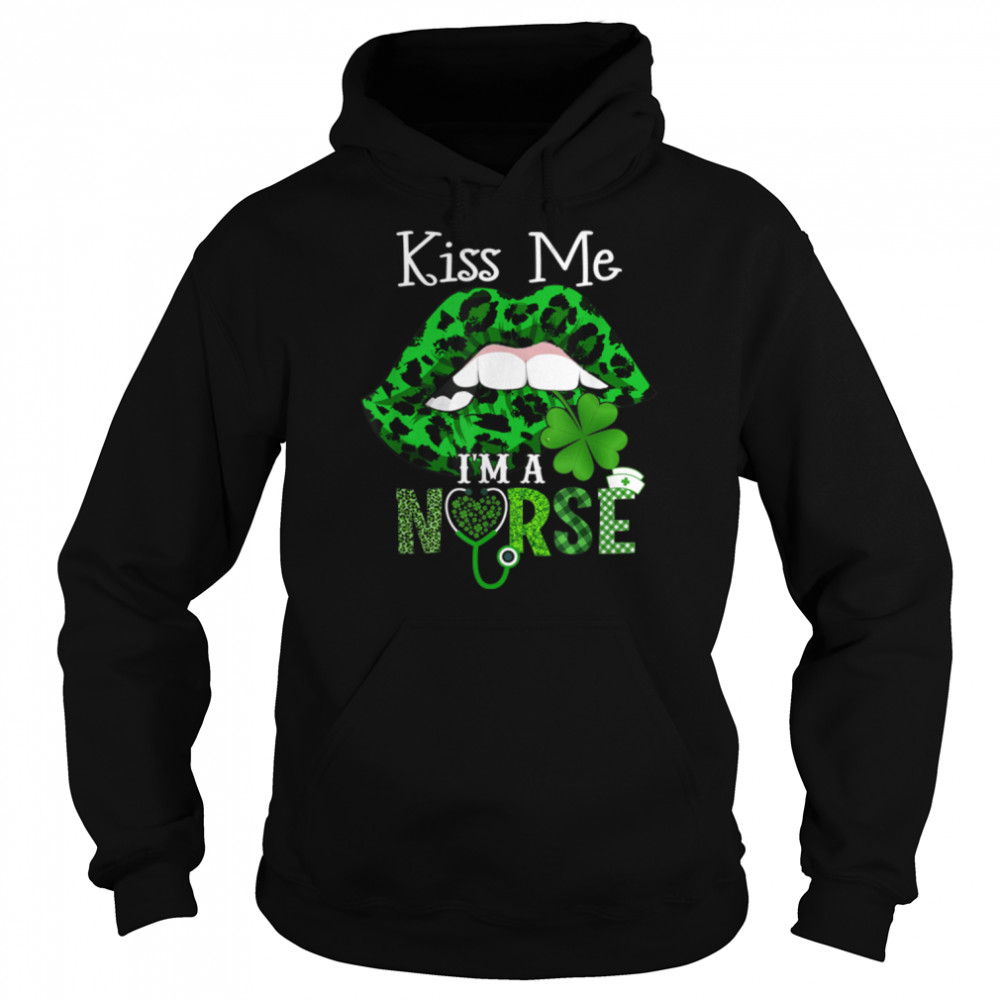 Kiss Me I'm A Nurse Leopard Lips St Patrick's Day Clothes T- B09QG3ZV1Y Unisex Hoodie
