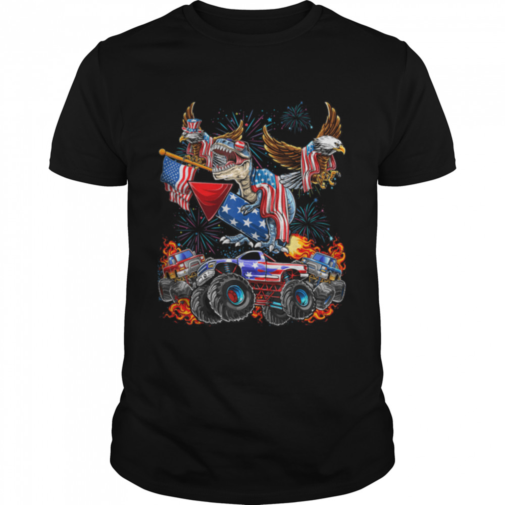 4th of July Dinosaur Monster Truck Bald Eagle American Flag T-Shirt B0B384ZZBR